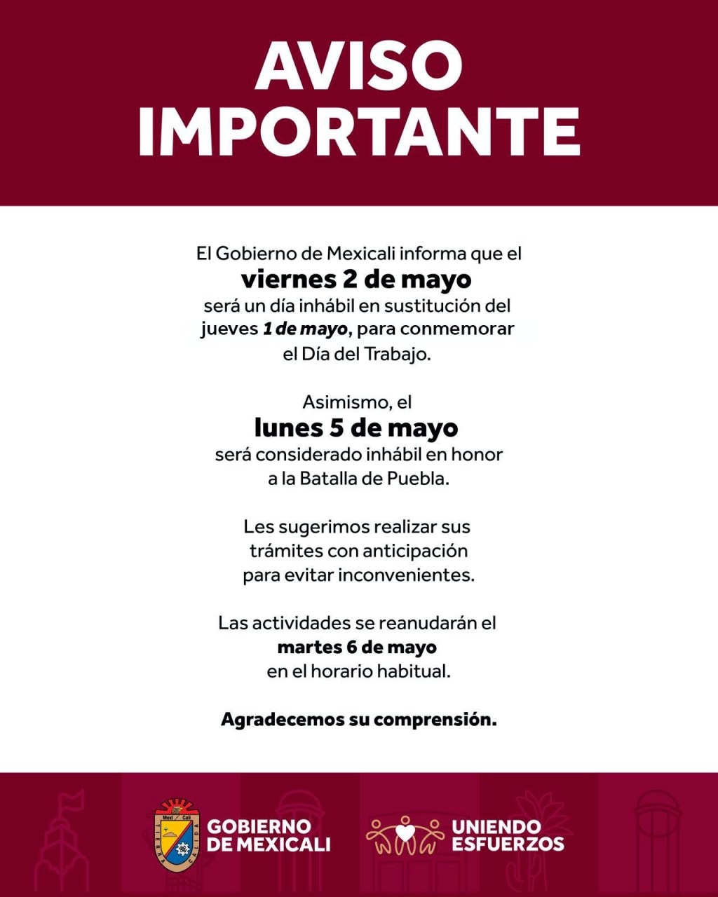 HORARIO INHÁBIL EN EL AYUNTAMIENTO DE MEXICALI ESTE VIERNES Y&nbsp;LUNES.